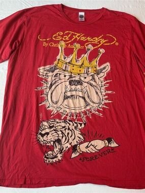 Red Ed Hardy by Christian Audigier Vintage Tee Rhinestone Embellished Bulldog